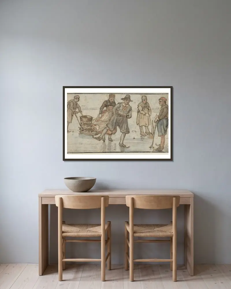 Schlittschuhläufer auf dem Eis, ein Mann, der einen Schlitten schiebt, und ein Kolfspieler von Hendrick Avercamp gerahmt an einer Wand