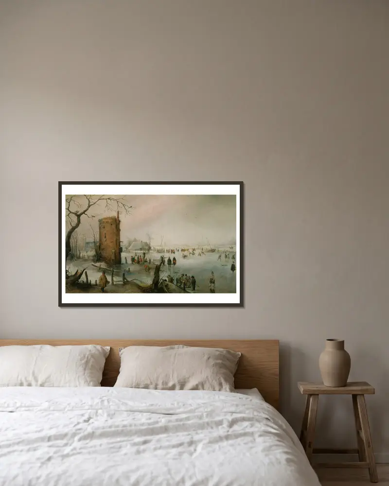 Schlittschuhlaufen in der Nähe einer Stadt von Hendrick Avercamp gerahmt an einer Wand