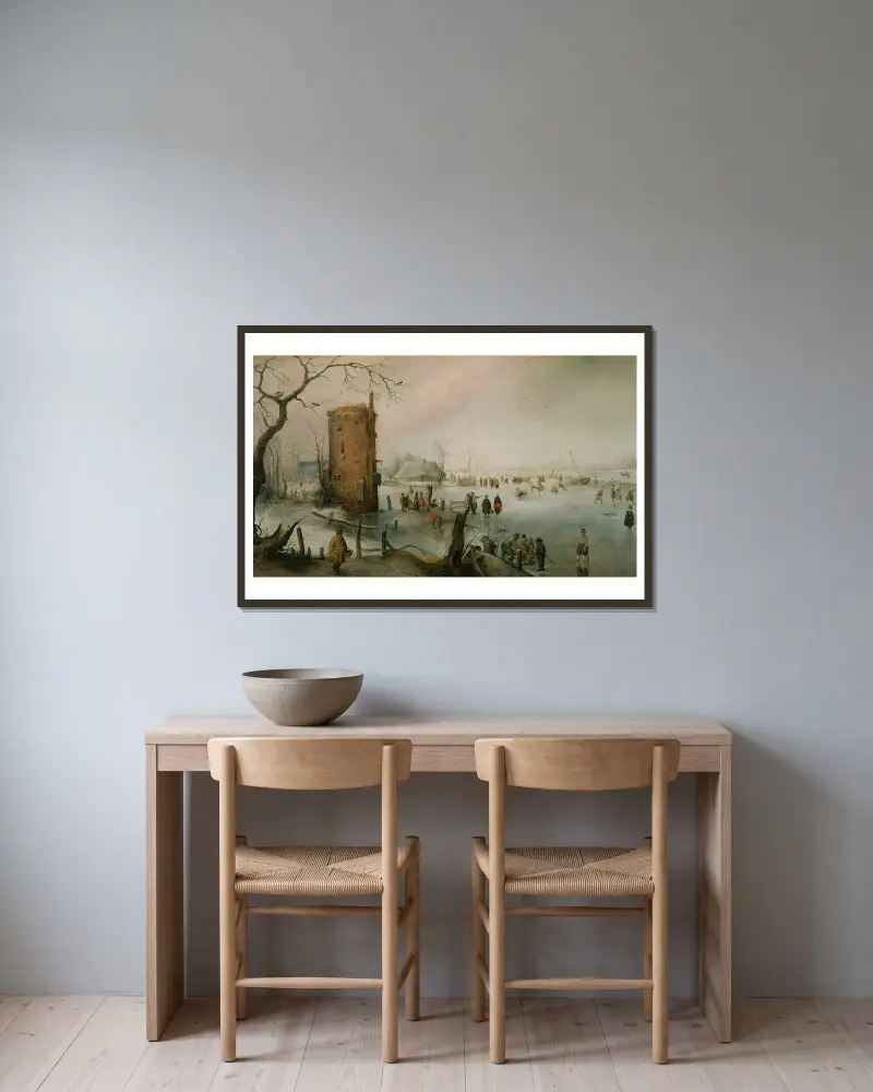 Schlittschuhlaufen in der Nähe einer Stadt von Hendrick Avercamp gerahmt an einer Wand