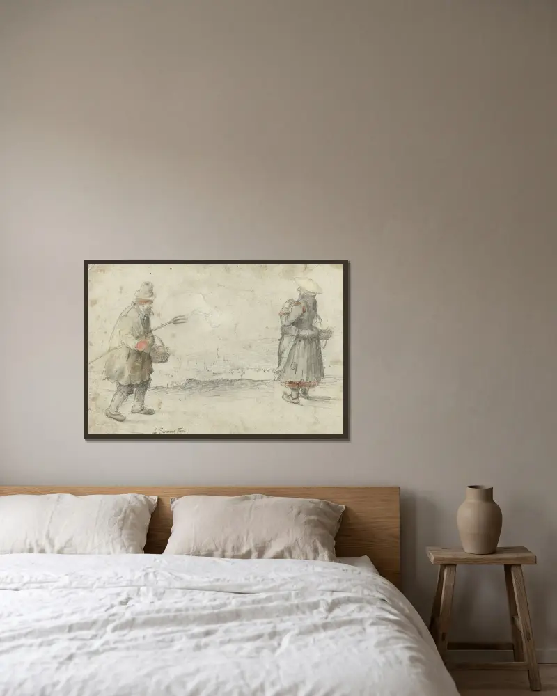 Studien eines Mannes und einer Frau am Ufer eines zugefrorenen Flusses, mit einer Stadt in der Ferne von Hendrick Avercamp gerahmt an einer Wand