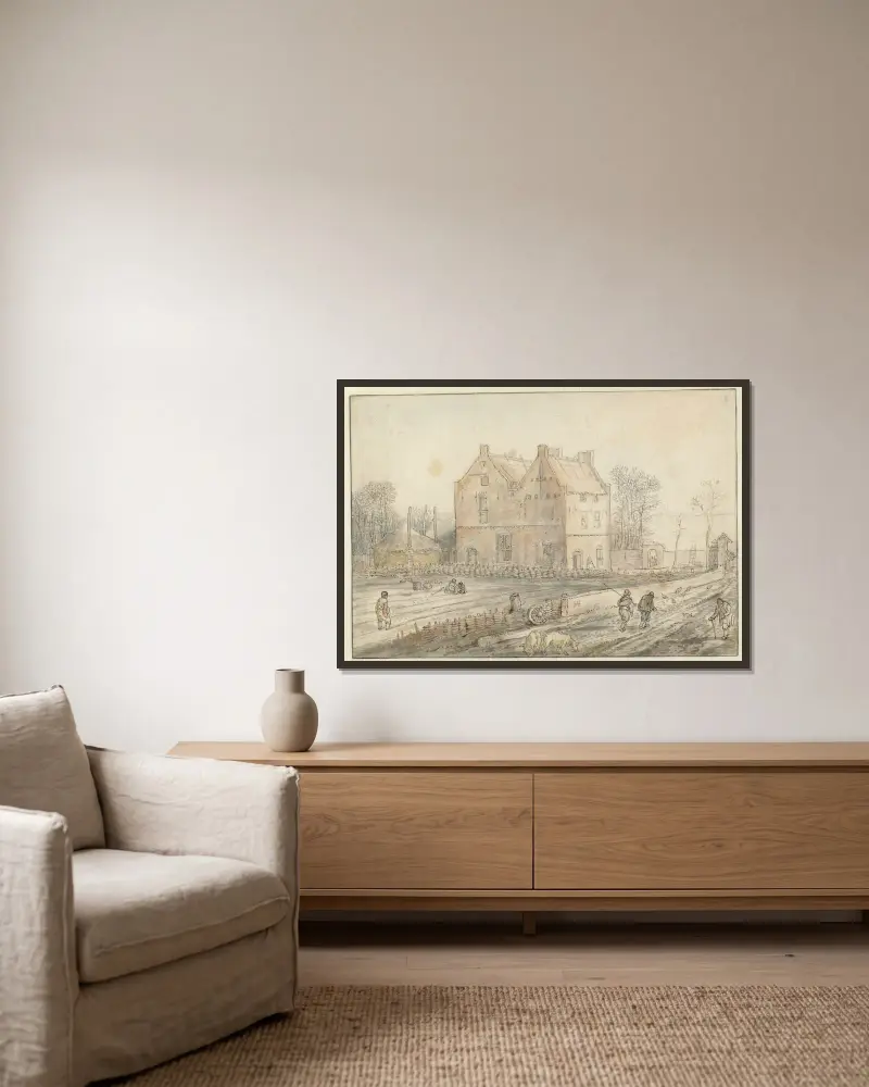 Vy över ett lanthus med sådd i fält av Hendrick Avercamp inramad på en vägg