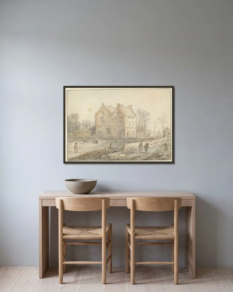 Vy över ett lanthus med sådd i fält av Hendrick Avercamp inramad på en vägg