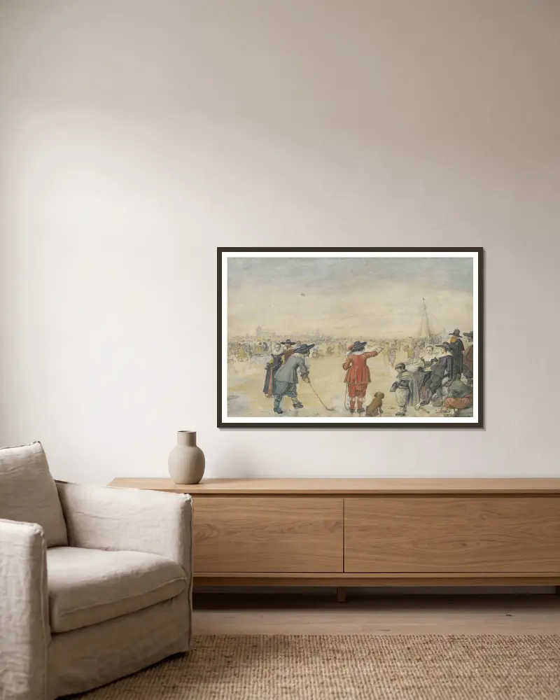 Vinterspel på den frusna floden IJssel av Hendrick Avercamp inramad på en vägg