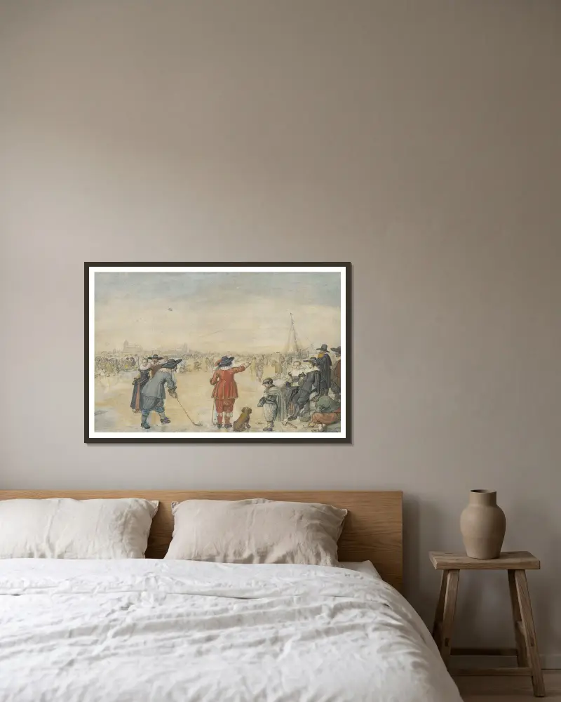 Vinterspel på den frusna floden IJssel av Hendrick Avercamp inramad på en vägg