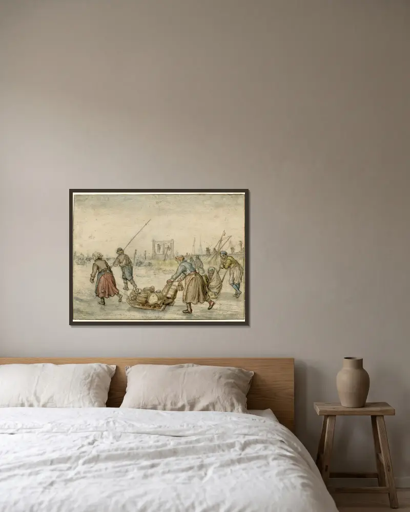 Vinterlandskap med två kvinnor och en släde och andra figurer på isen, en galge i fjärran av Hendrick Avercamp inramad på en vägg