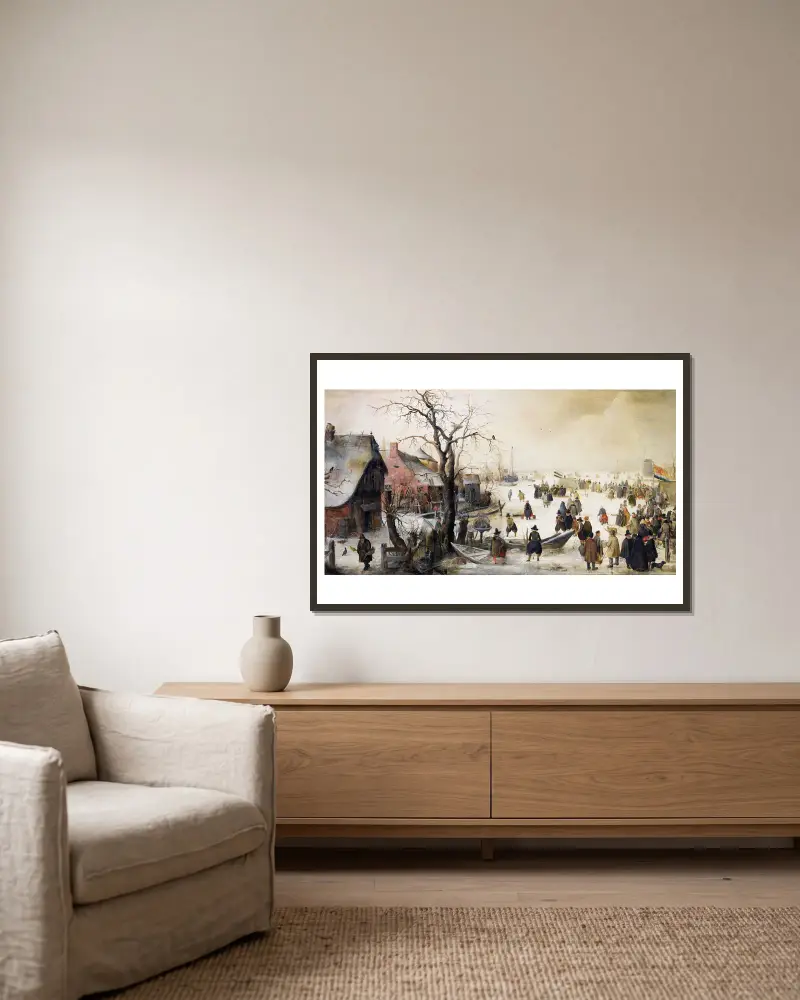 Winterszene an einem Kanal von Hendrick Avercamp gerahmt an einer Wand
