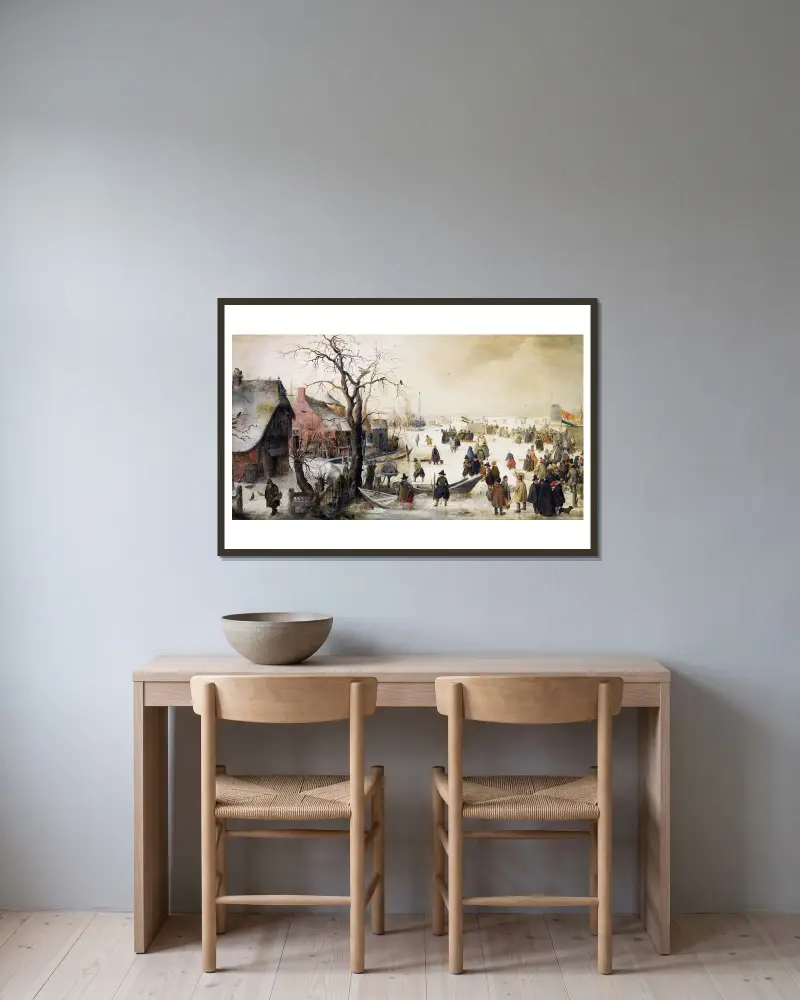 Winterszene an einem Kanal von Hendrick Avercamp gerahmt an einer Wand