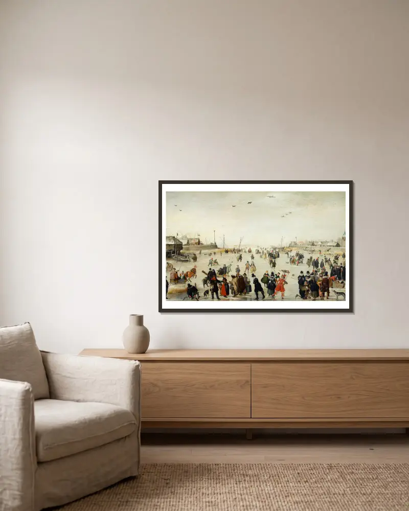 Vinterscen på en frusen kanal av Hendrick Avercamp inramad på en vägg