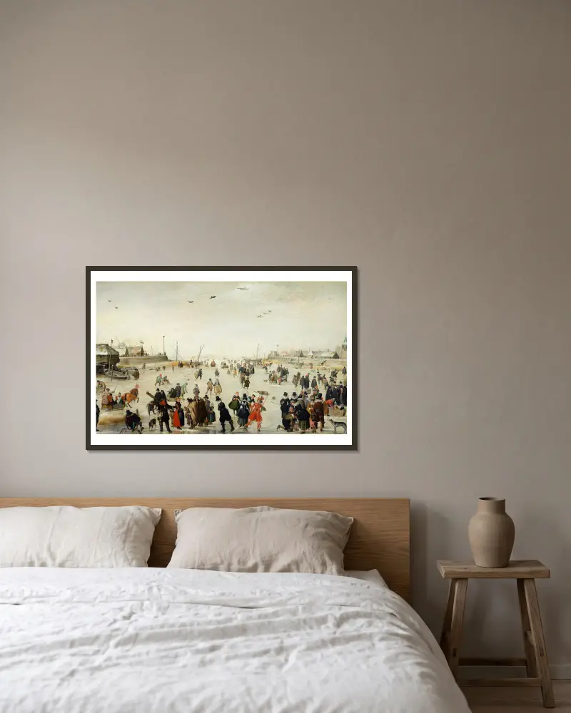 Vinterscen på en frusen kanal av Hendrick Avercamp inramad på en vägg