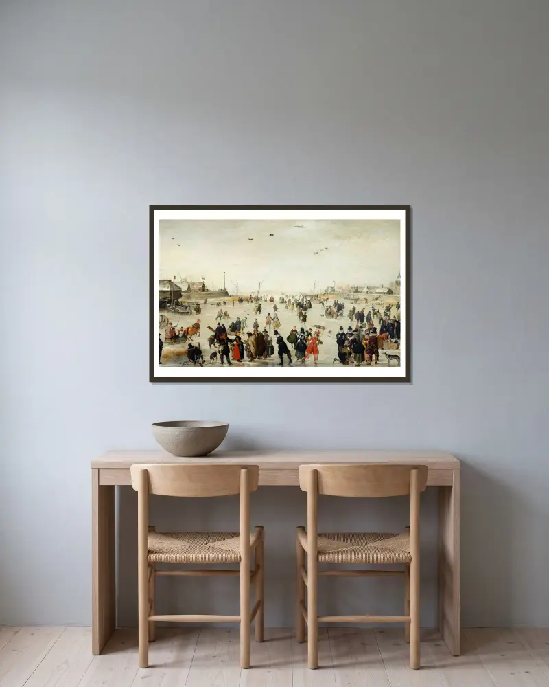Vinterscen på en frusen kanal av Hendrick Avercamp inramad på en vägg