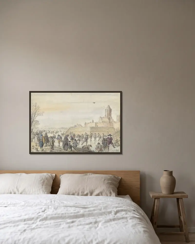 Vinterscen på den frusna kanalen vid Kalverhekkenpoort, Kampen av Hendrick Avercamp inramad på en vägg