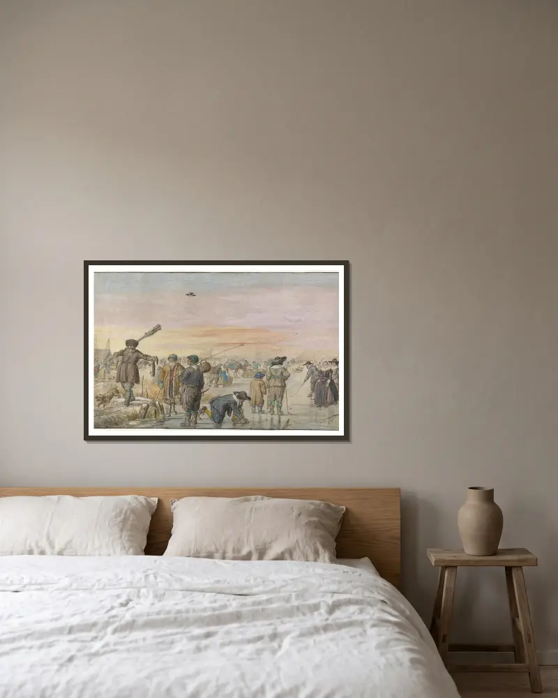 Vinterscen på isen, med en jägare som visar en utter av Hendrick Avercamp inramad på en vägg
