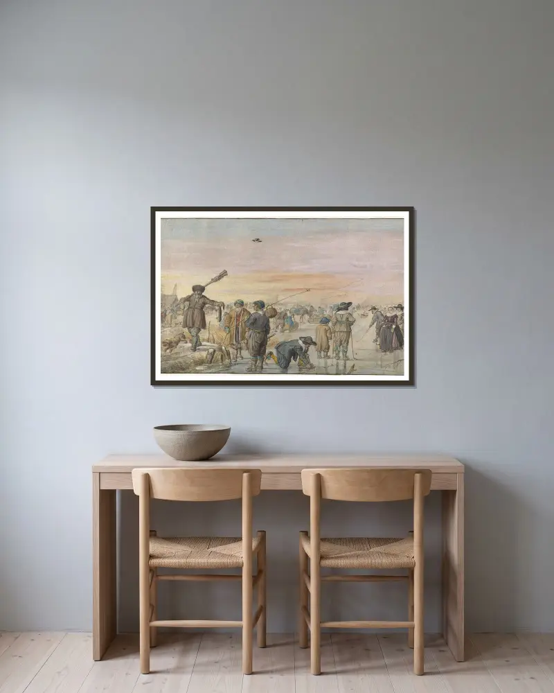 Vinterscen på isen, med en jägare som visar en utter av Hendrick Avercamp inramad på en vägg