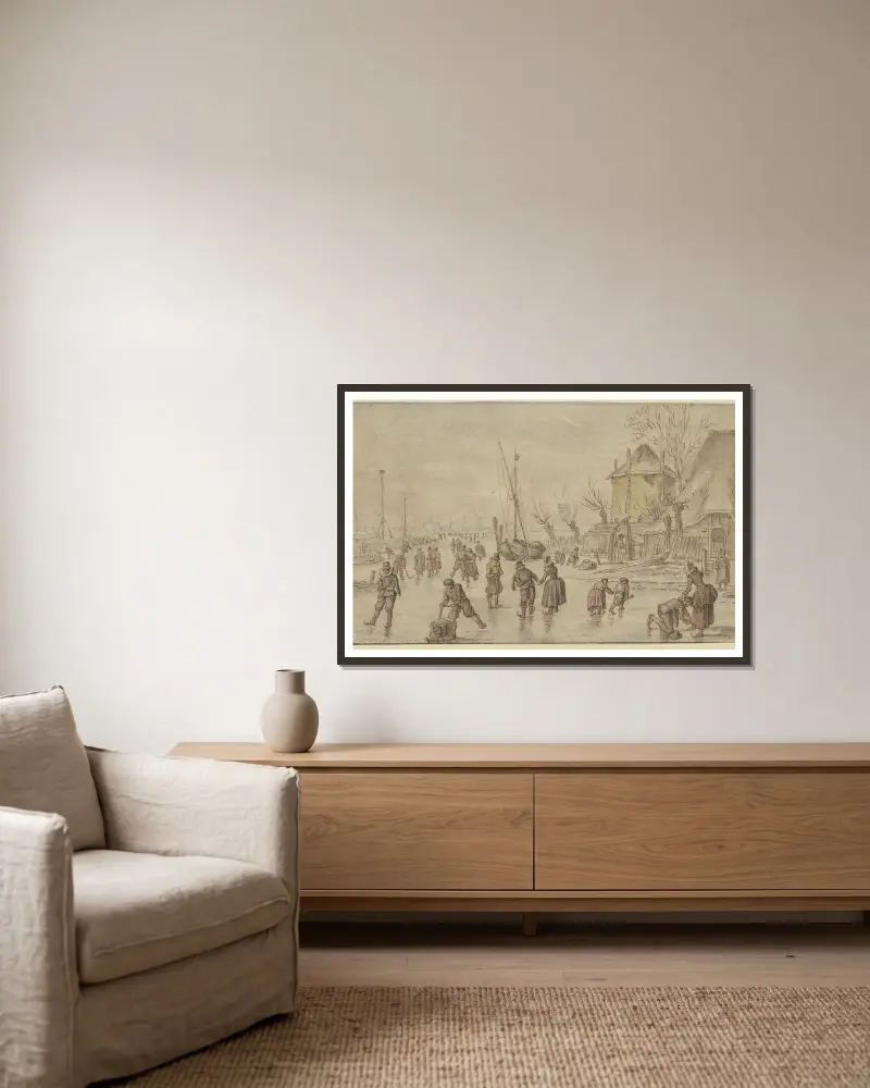 Winterlandschaft, auf dem Eis viele Schlittschuhläufer, rechts schnallt ein Mann einer Frau die Schlittschuhe an von Hendrick Avercamp gerahmt an einer Wand