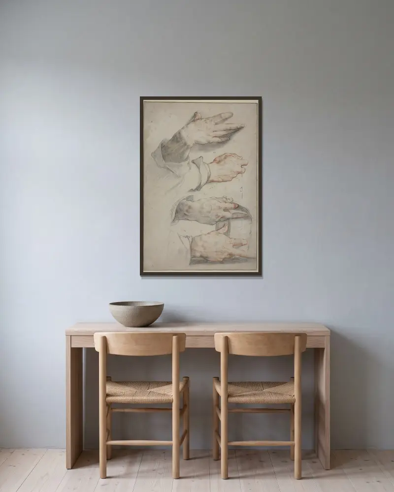 Fyra studier av en högerhand av Hendrick Goltzius inramad på en vägg