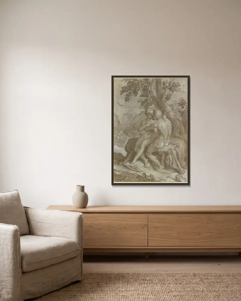 Hercules and Dejanira av Hendrick Goltzius inramad på en vägg