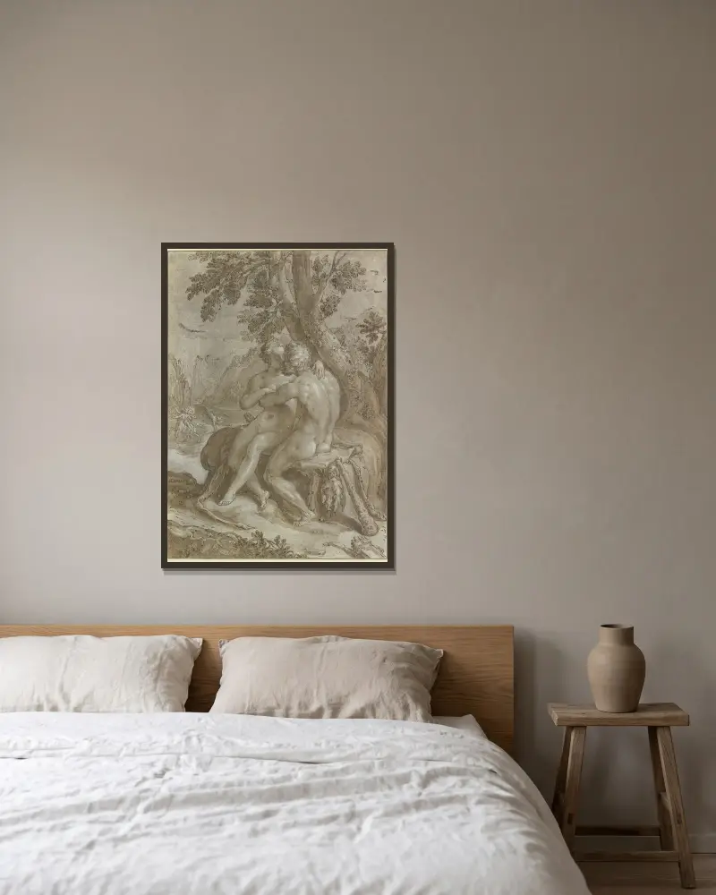 Hercules and Dejanira av Hendrick Goltzius inramad på en vägg