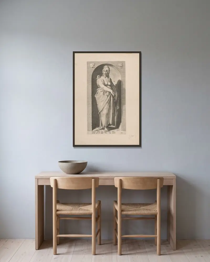 Sloth av Hendrick Goltzius inramad på en vägg