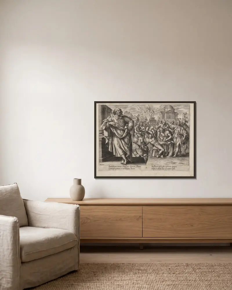 St. Bartholomew av Hendrick Goltzius inramad på en vägg