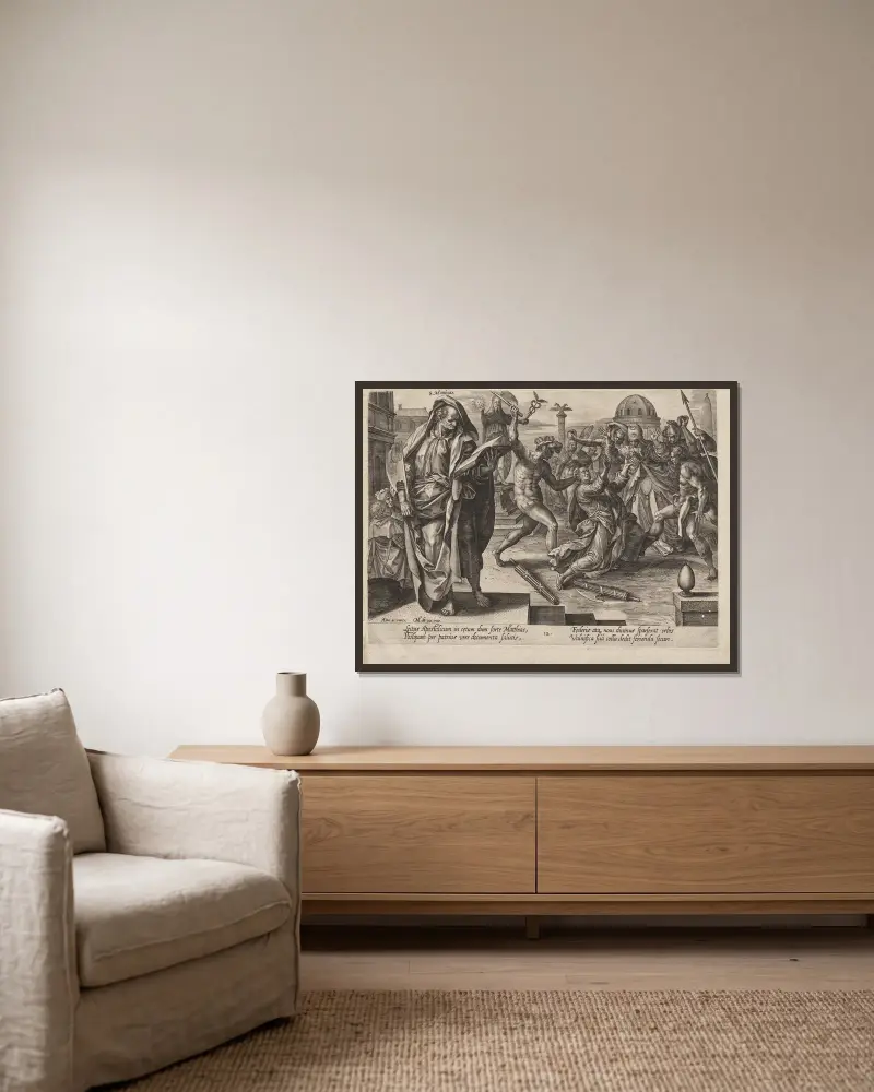 St. Matthias av Hendrick Goltzius inramad på en vägg