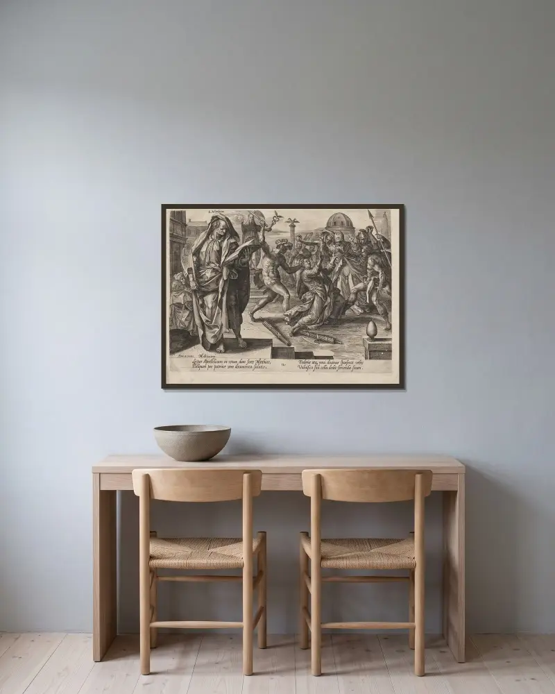 St. Matthias av Hendrick Goltzius inramad på en vägg