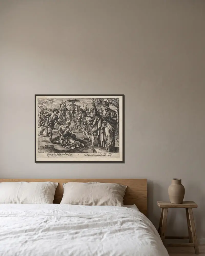 Der heilige Thomas von Hendrick Goltzius gerahmt an einer Wand