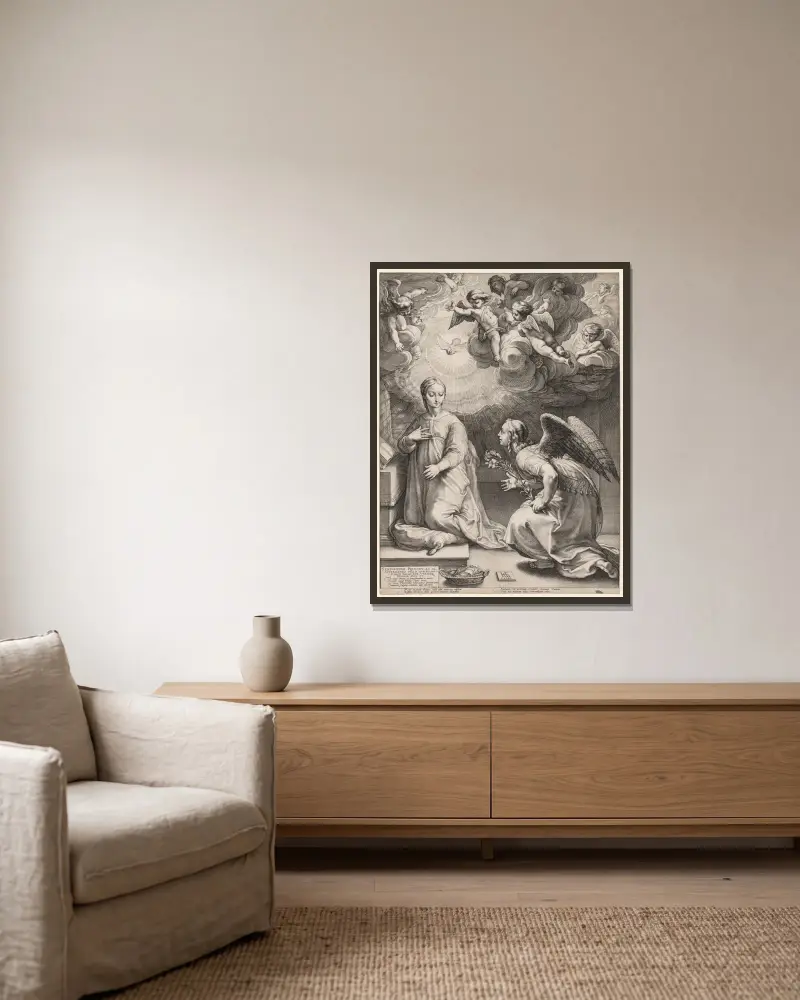 The Annunciation av Hendrick Goltzius inramad på en vägg