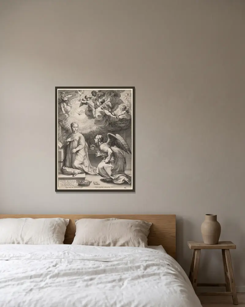 The Annunciation av Hendrick Goltzius inramad på en vägg