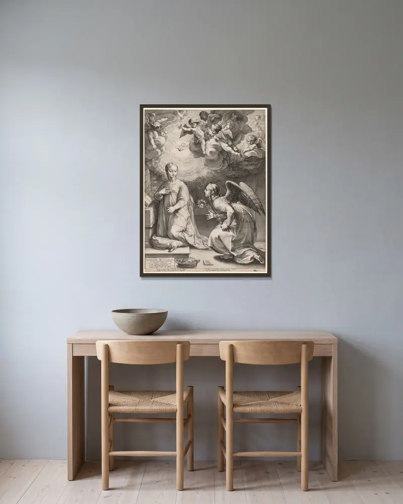 The Annunciation av Hendrick Goltzius inramad på en vägg