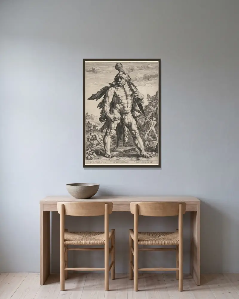 The Great Hercules or ‘Knollenman’ av Hendrick Goltzius inramad på en vägg