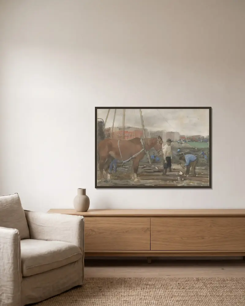 Byggplats i Oud-West i Amsterdam av George Hendrik Breitner inramad på en vägg