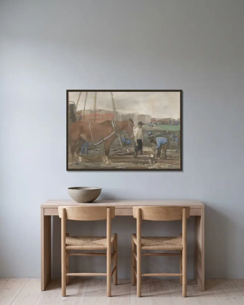 Byggplats i Oud-West i Amsterdam av George Hendrik Breitner inramad på en vägg