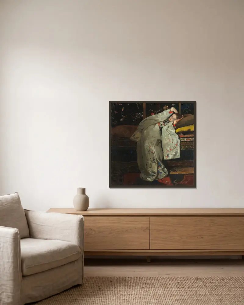 Flicka i vit kimono av George Hendrik Breitner inramad på en vägg