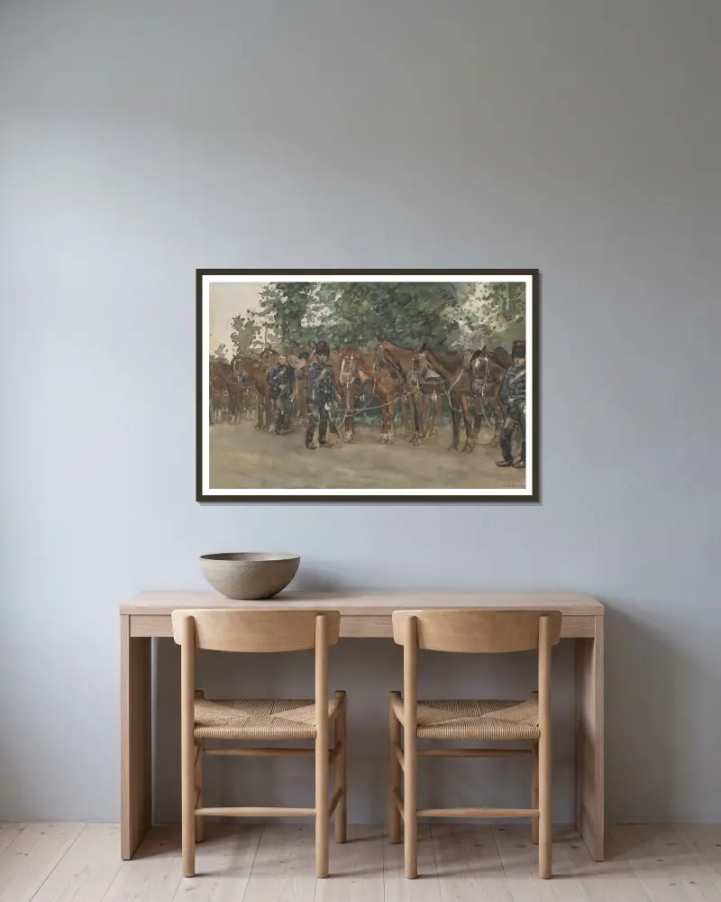 Husarer stående vid sina hästar längs vägkanten av George Hendrik Breitner inramad på en vägg