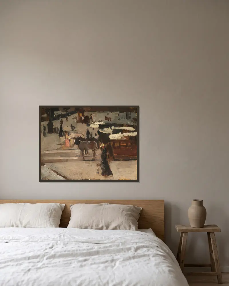 Pferdestraßenbahn und Figuren auf einem Platz von George Hendrik Breitner gerahmt an einer Wand