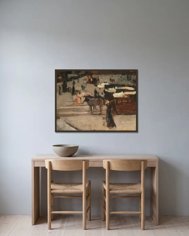 Pferdestraßenbahn und Figuren auf einem Platz von George Hendrik Breitner gerahmt an einer Wand
