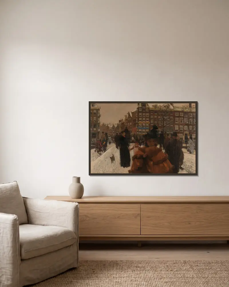 Singelbron vid Paleisstraat i Amsterdam av George Hendrik Breitner inramad på en vägg