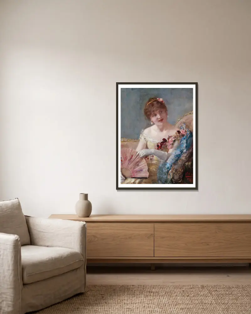 Dame mit Fächer (Porträt der Réjane) von Henri Gervex gerahmt an einer Wand