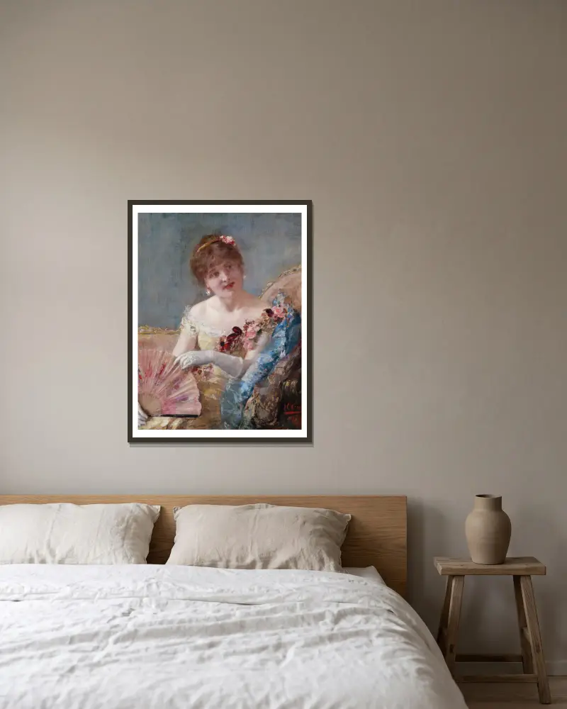 Dame mit Fächer (Porträt der Réjane) von Henri Gervex gerahmt an einer Wand