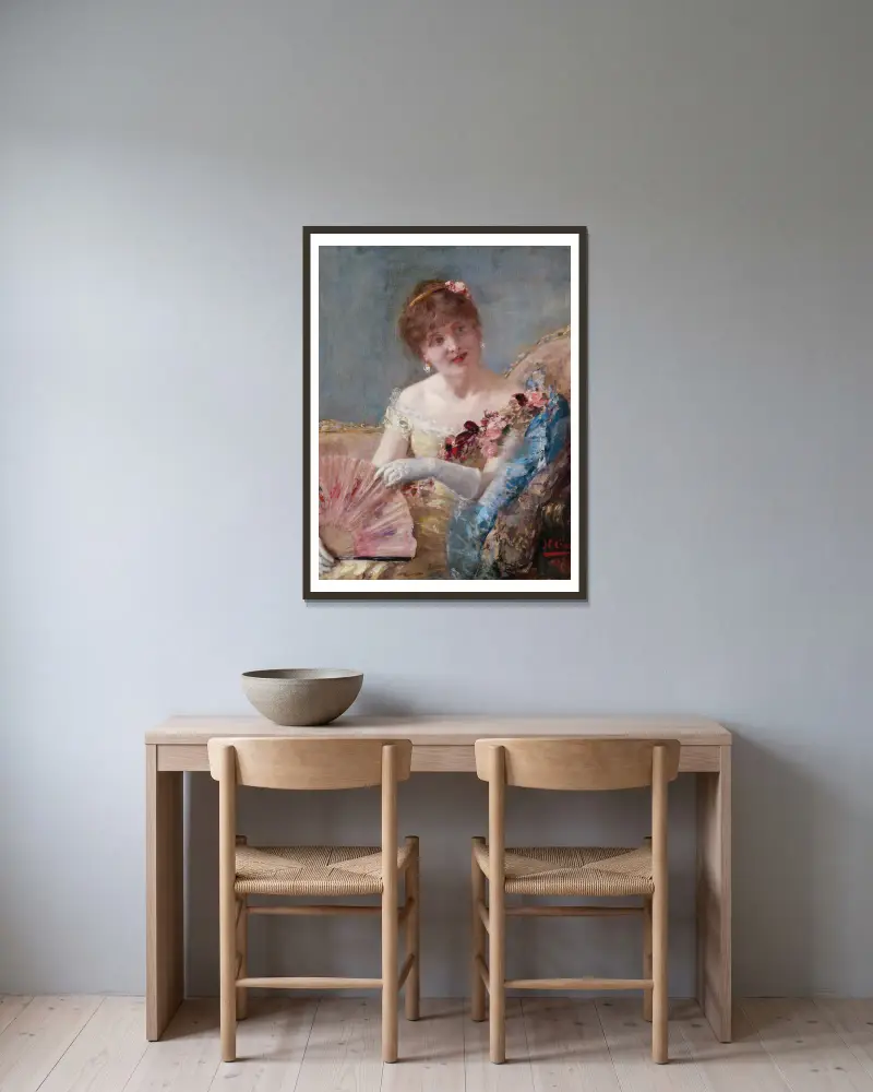 Dame mit Fächer (Porträt der Réjane) von Henri Gervex gerahmt an einer Wand