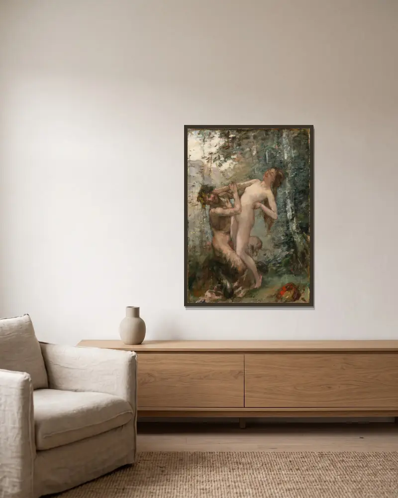 Satyr und Bacchantin von Henri Gervex gerahmt an einer Wand