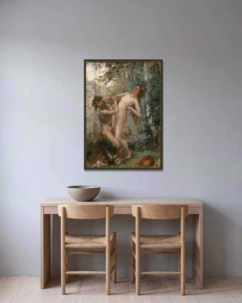 Satyr und Bacchantin von Henri Gervex gerahmt an einer Wand
