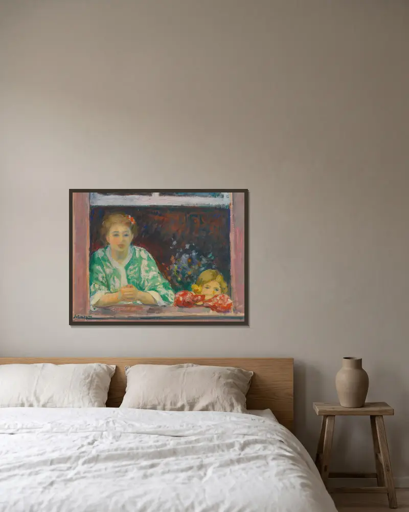 Kvinna och flicka vid fönstret av Henri Lebasque inramad på en vägg