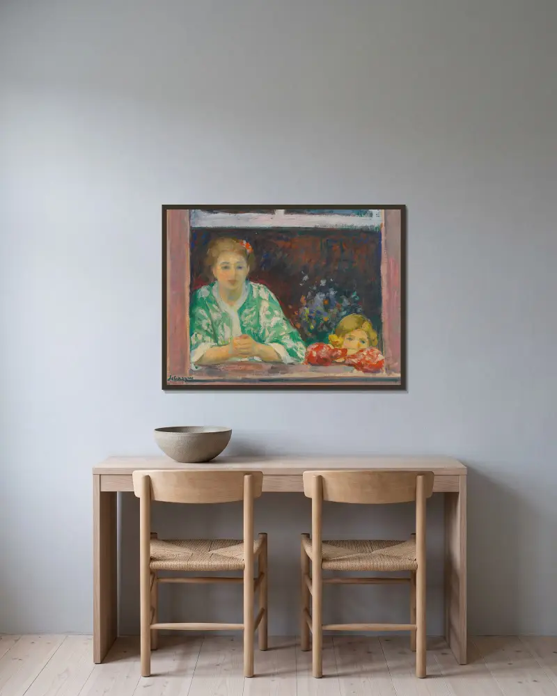 Kvinna och flicka vid fönstret av Henri Lebasque inramad på en vägg