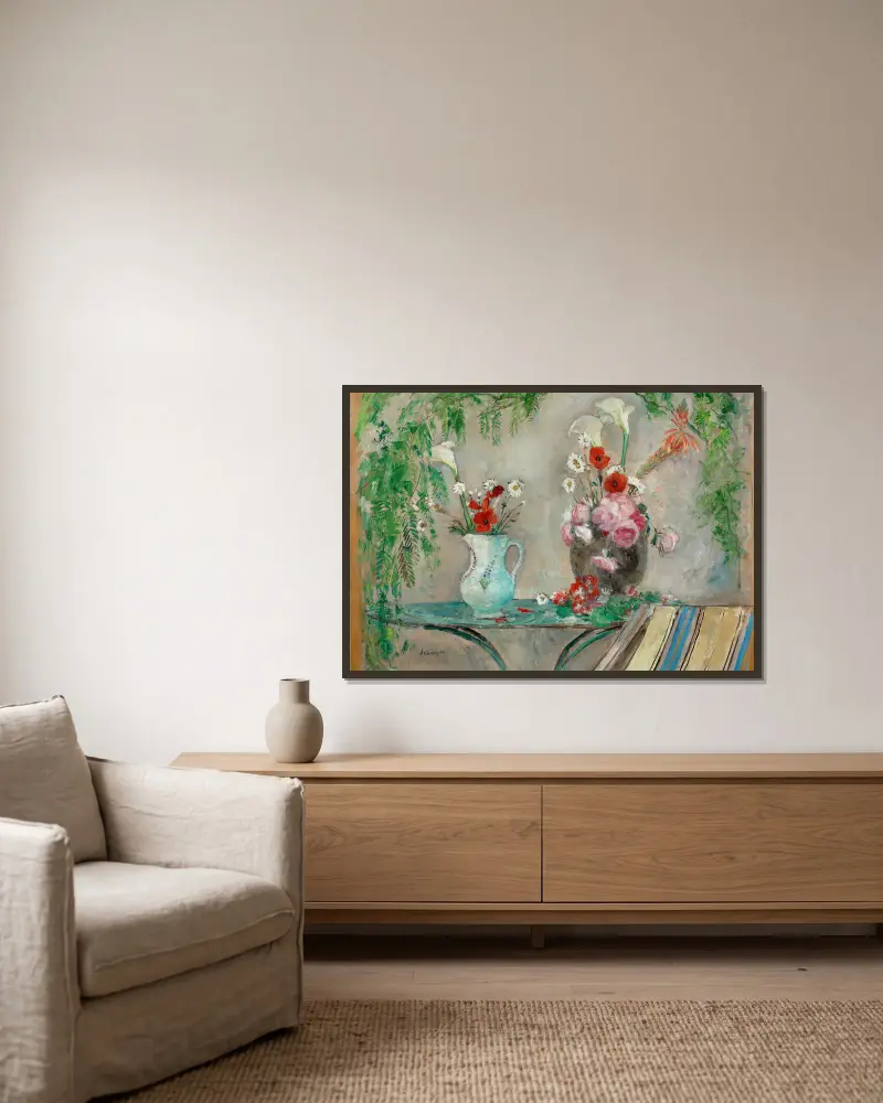 Kwiaty na stole na tarasie, Henri Lebasque w ramie na ścianie