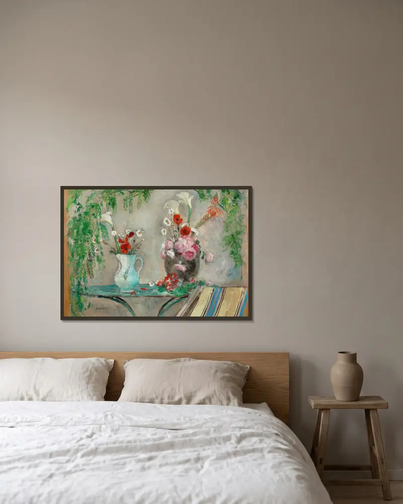 Kwiaty na stole na tarasie, Henri Lebasque w ramie na ścianie