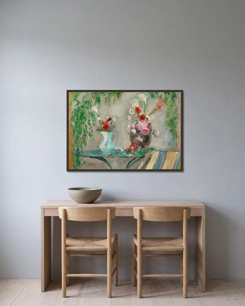 Kwiaty na stole na tarasie, Henri Lebasque w ramie na ścianie