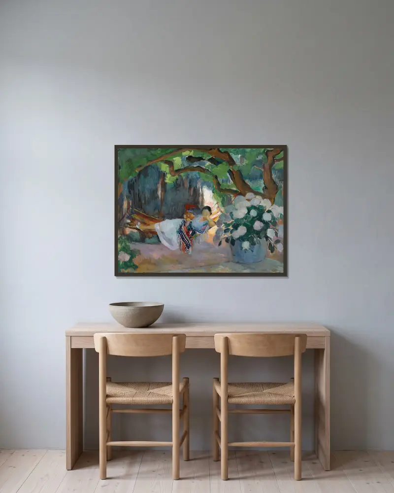 Le Pradet, ung kvinna i hängmatta (Nono) av Henri Lebasque inramad på en vägg