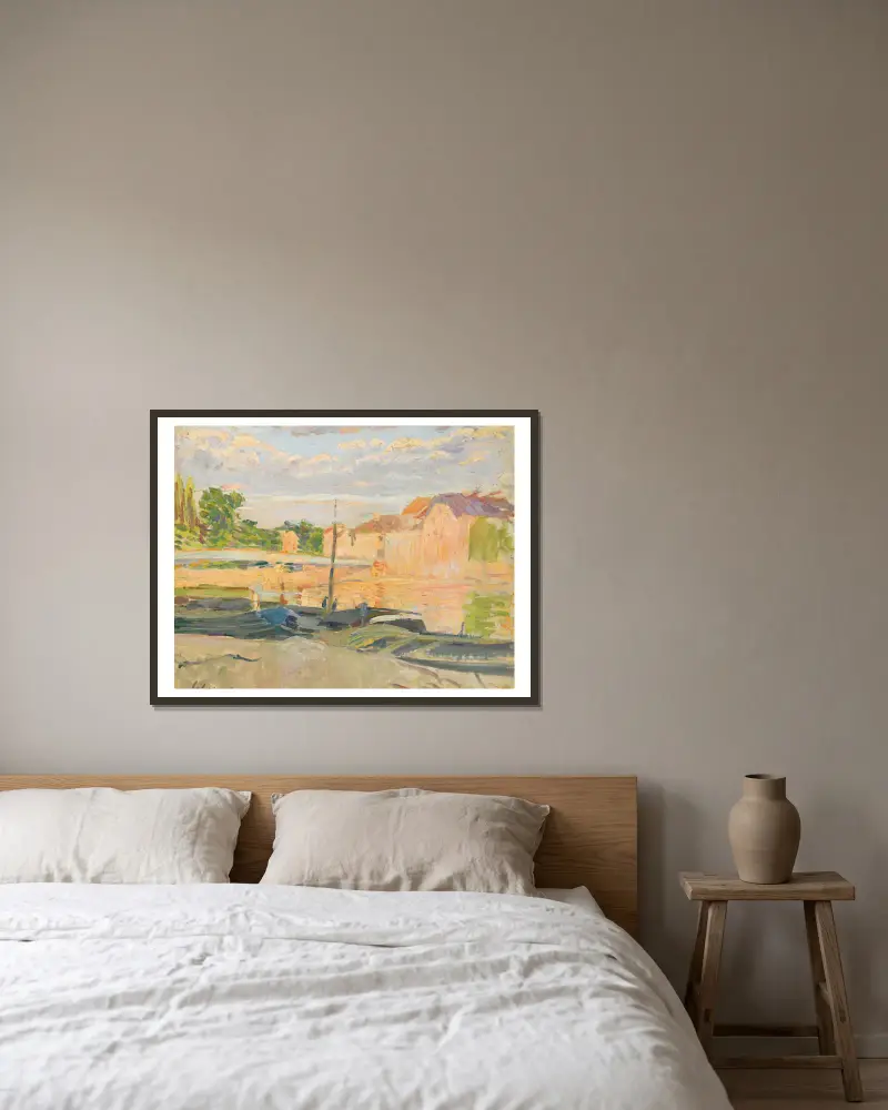 Pråmar vid Marne av Henri Lebasque inramad på en vägg