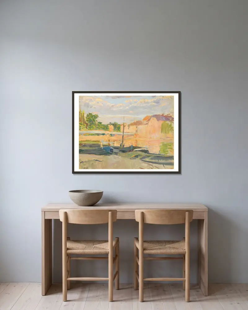 Pråmar vid Marne av Henri Lebasque inramad på en vägg